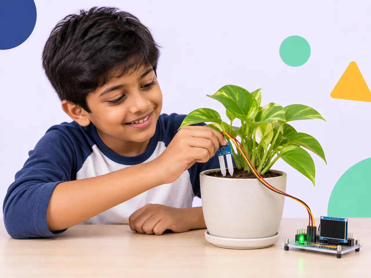 A boy pushes a soil moisture sensor into a potted plant