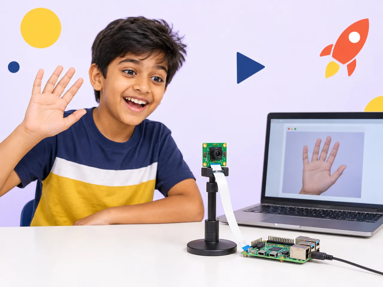 A boy waves at a camera he set up, and his laptop shows the photo it captured
