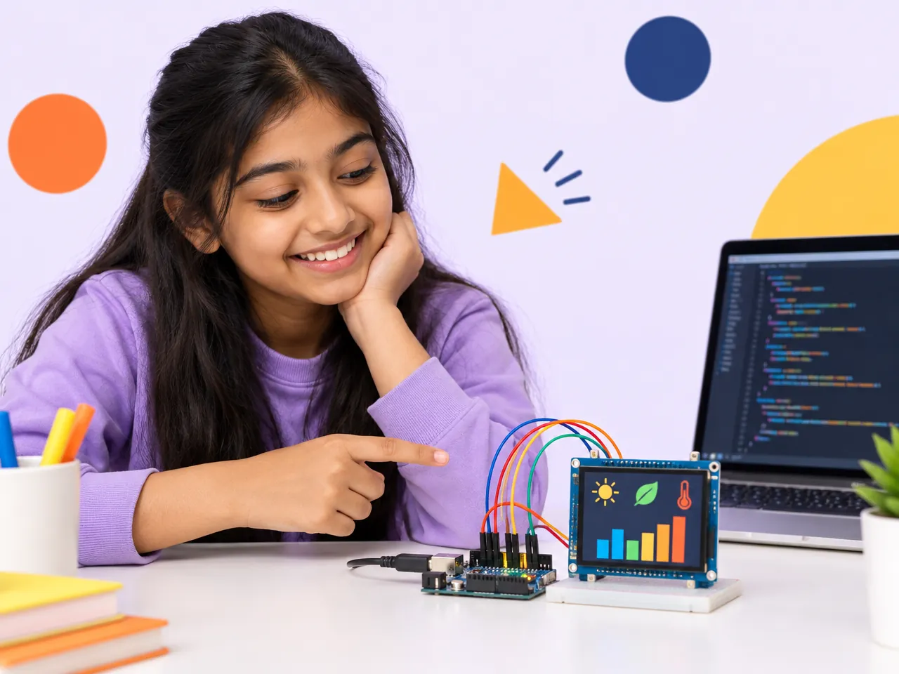A girl shows the colourful readings on the smart display she wired to her board