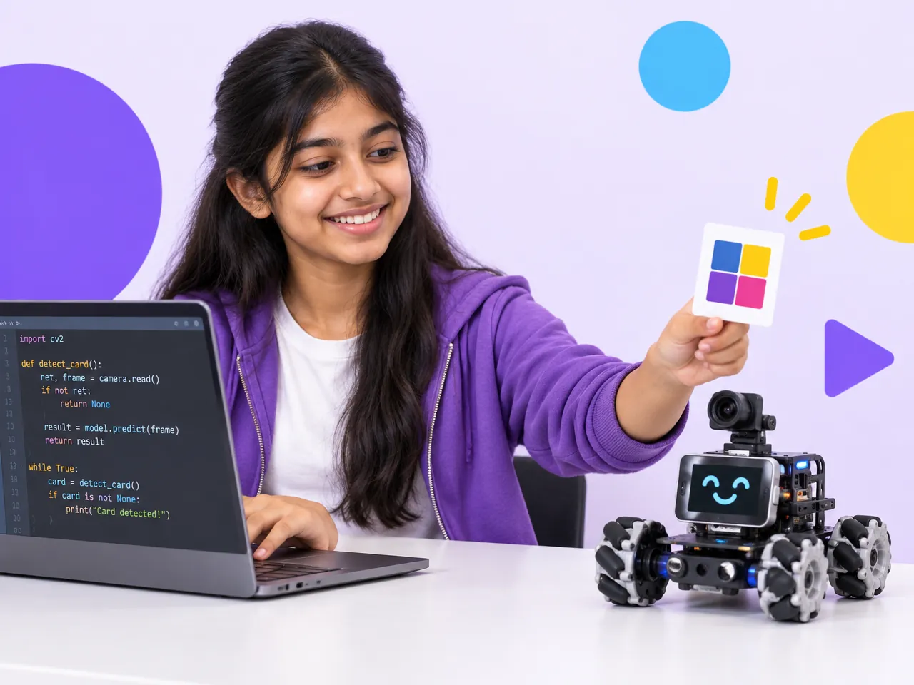 A girl codes a robot with a camera to recognise a colour card