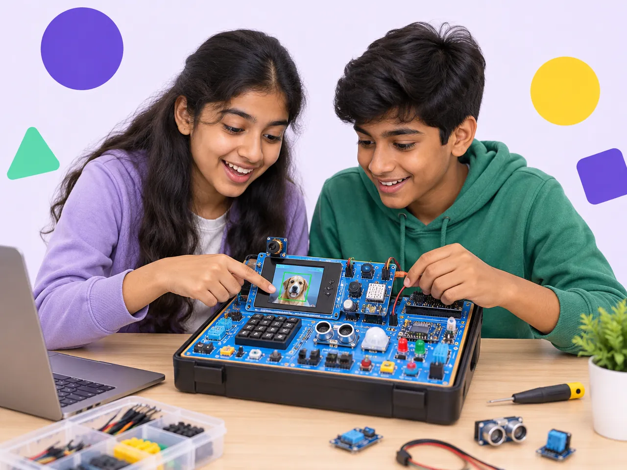 Two teenagers run an AI camera project on an electronics trainer board