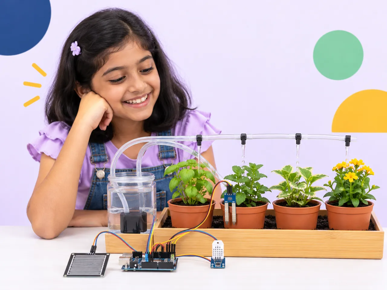 A girl watches her automatic watering system water a row of potted plants