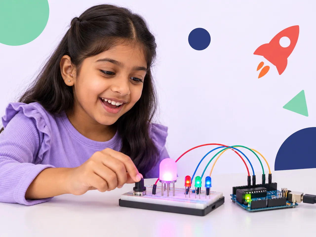 A girl mixes colours on an RGB light she wired on a breadboard