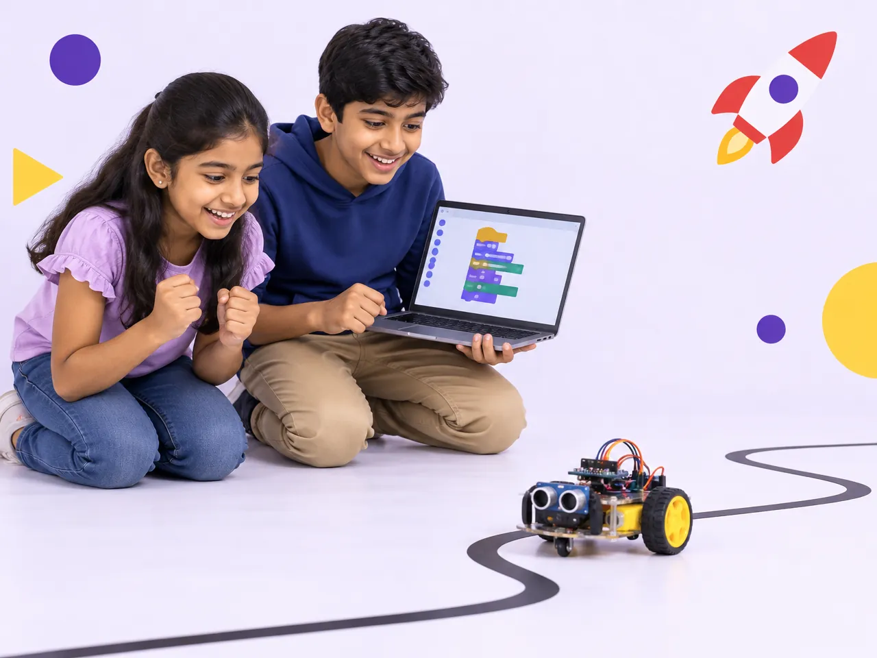 Two children watch the robot car they built follow a line track