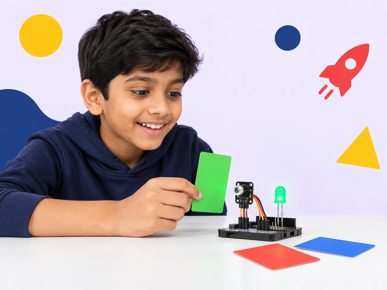 A boy shows a green card to a colour sensor and the light glows green