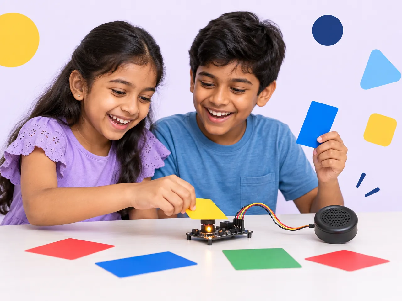 Two children play sounds by showing coloured cards to a colour sensor