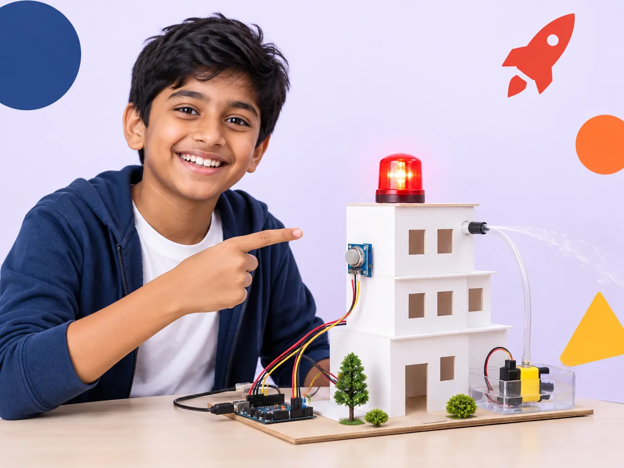 A boy points to the fire alarm and water sprayer on the safety model he built