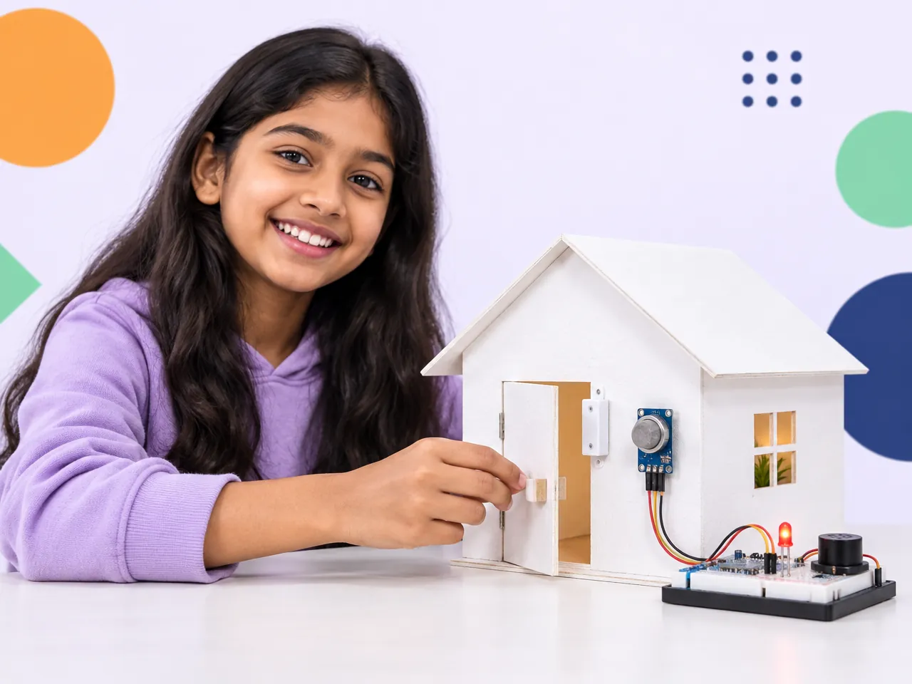 A girl opens the door of a model house fitted with entry and gas sensors