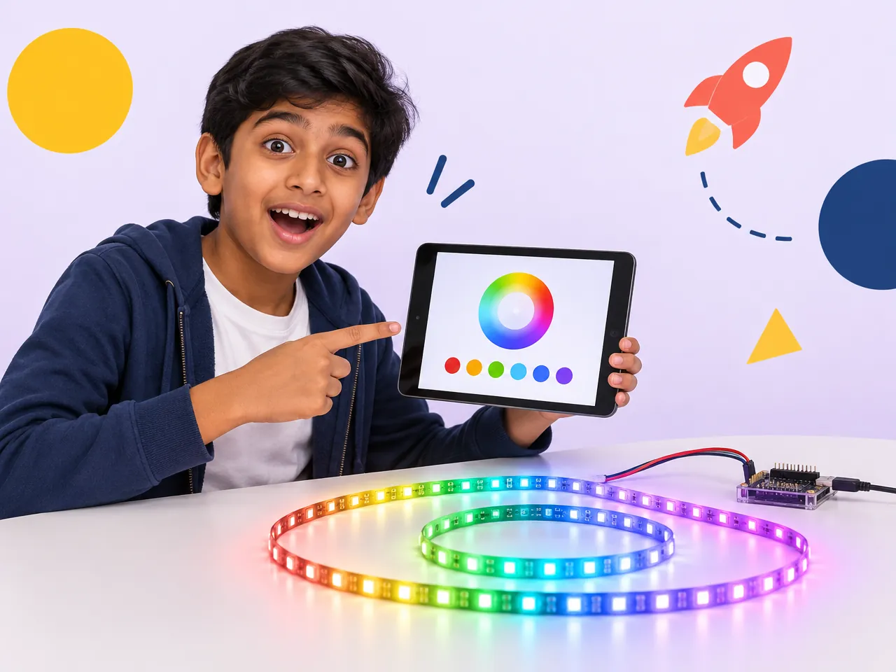 A boy picks colours on a tablet for the glowing LED light strip he programmed