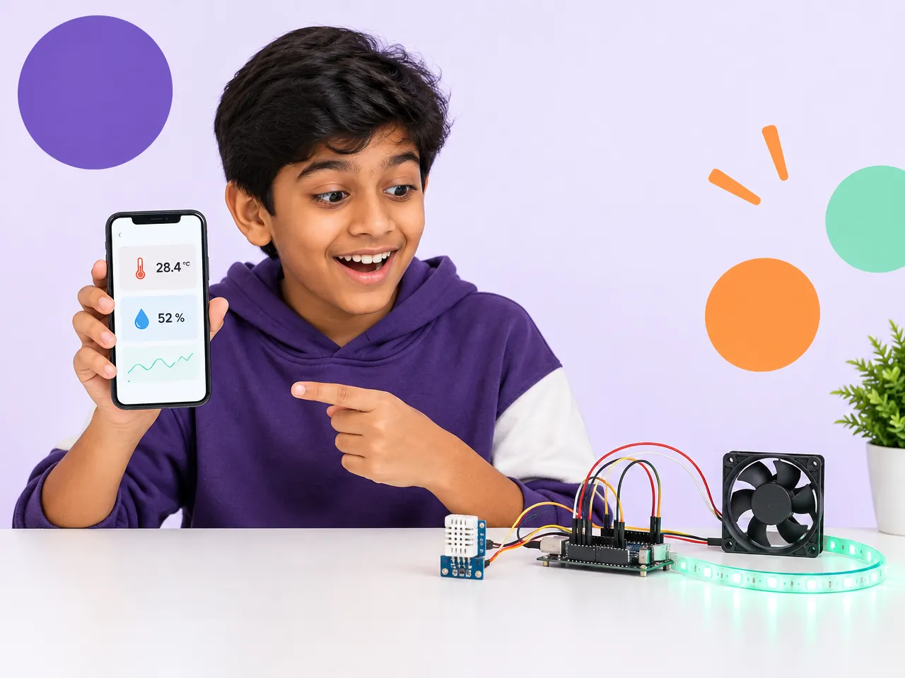 A boy checks live sensor readings on his phone from a gadget he wired
