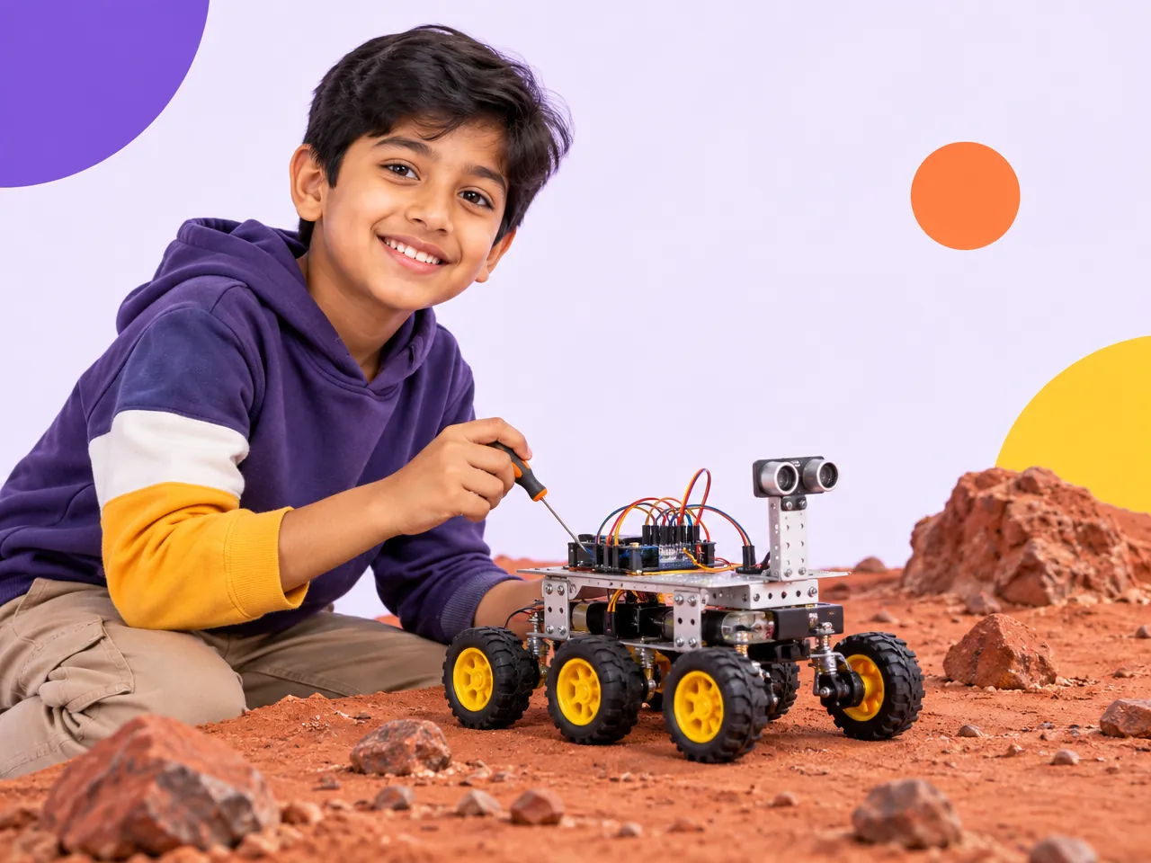 A boy builds a rover robot on a model of Martian terrain