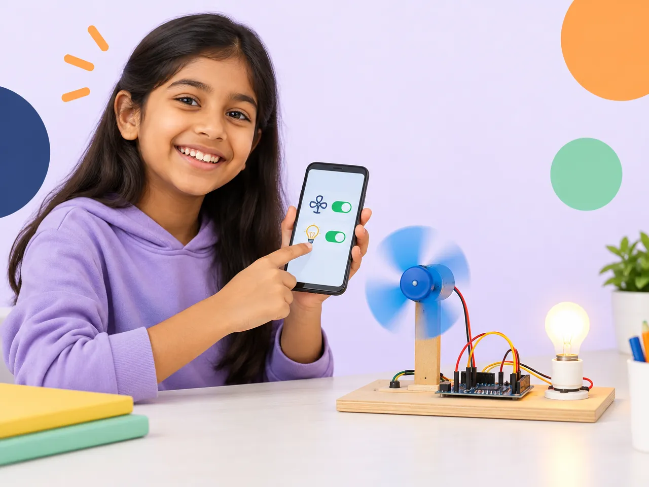 A girl switches a model fan and light on from an app on her phone