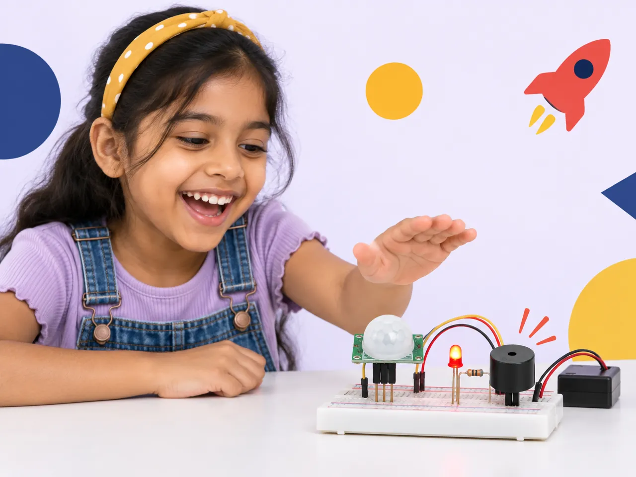 A girl laughs as her hand sets off the motion sensor alarm she built
