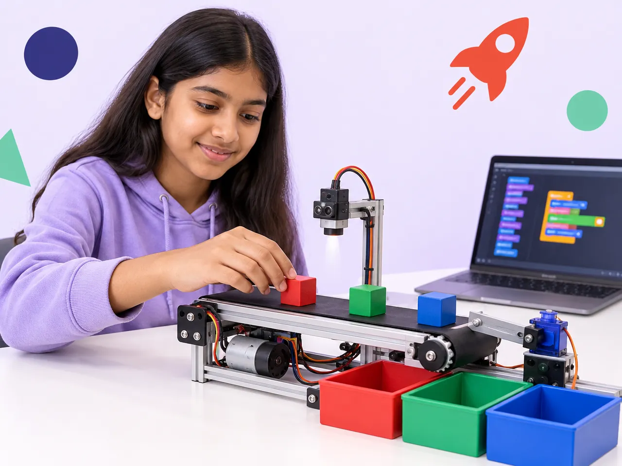 A girl places blocks on a conveyor that sorts them by colour