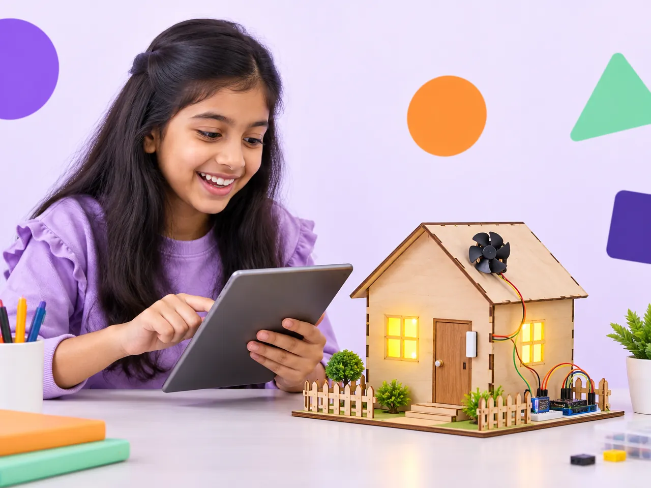 A girl switches on the lights of a smart model house from a tablet