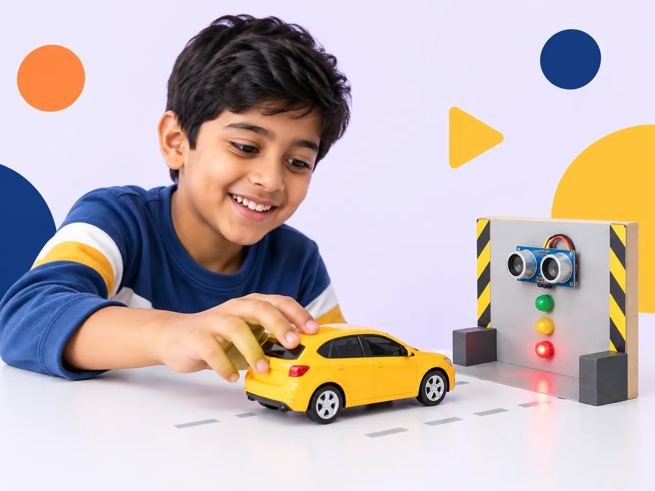 A boy reverses a toy car towards a parking sensor that lights up red