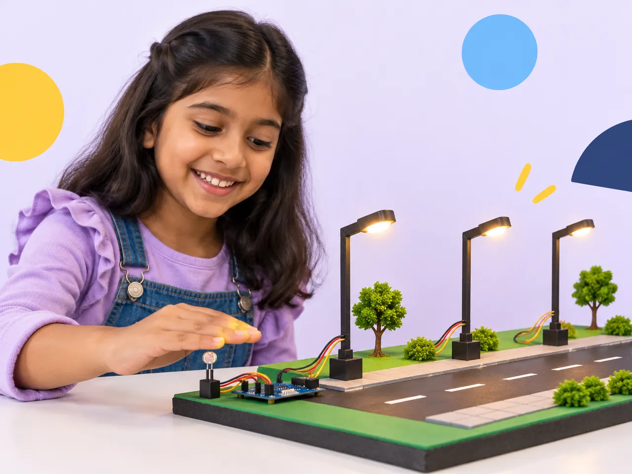 A girl covers a light sensor and the lamps on her model street switch on