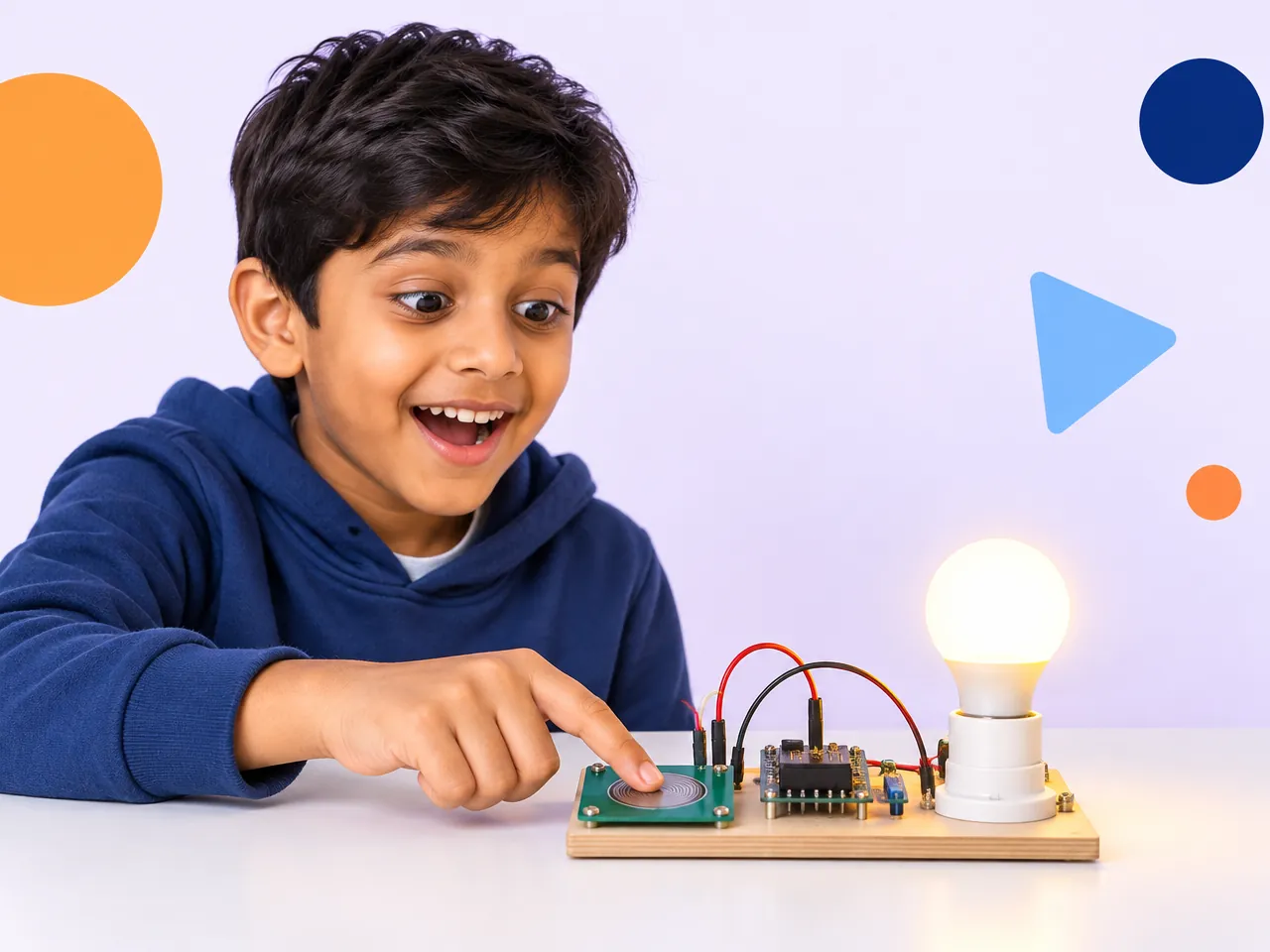 A boy touches a sensor pad and a light bulb switches on