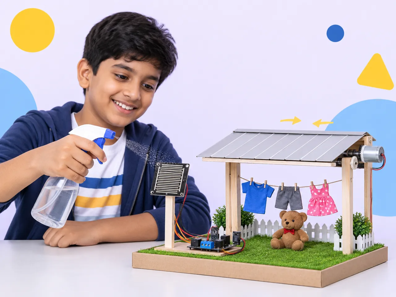 A boy sprays a rain sensor and a model roof closes over the washing line