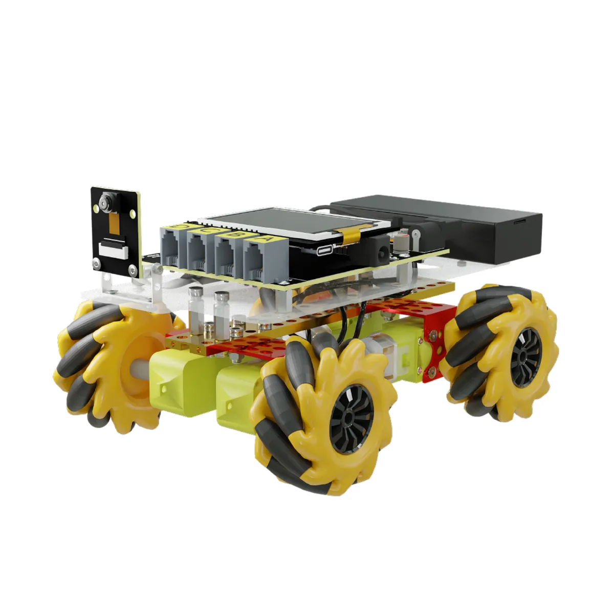 The AI Robotics course kit, assembled: a robot on mecanum wheels with camera and display