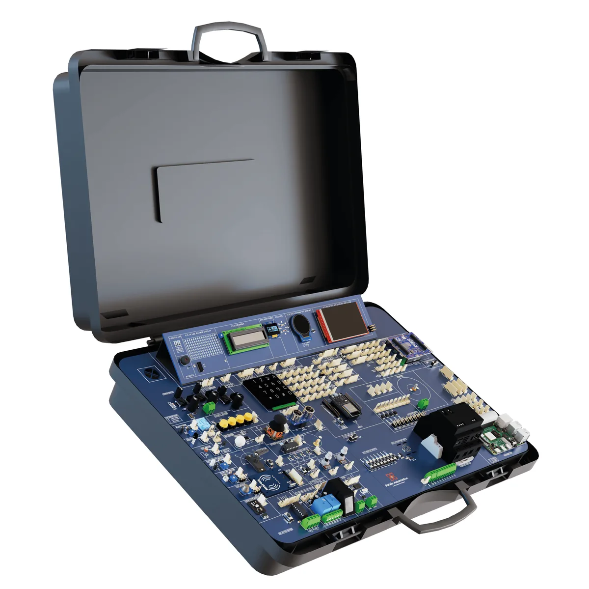 The AIOTIX V3 kit: a carry case that opens into a trainer board with displays, sensors, keypad and controllers
