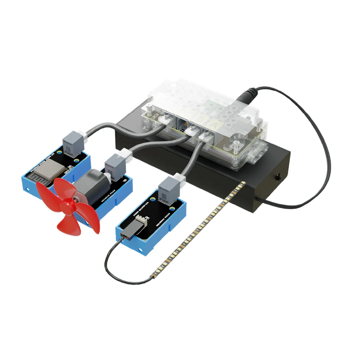 The IoT course kit: a controller connected to a fan, sensor and LED strip modules