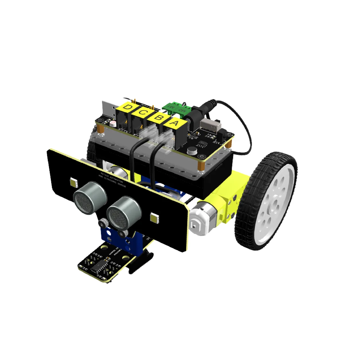 The Smart Home course kit, assembled: a robot base with ultrasonic sensor and smart-home control board